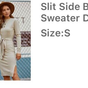 Cream Slit Side Belted Sweater Dress